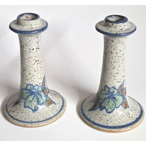 Stoneware Floral Candlestick Holders 6in Set Of 2 Hand Painted Art Pottery